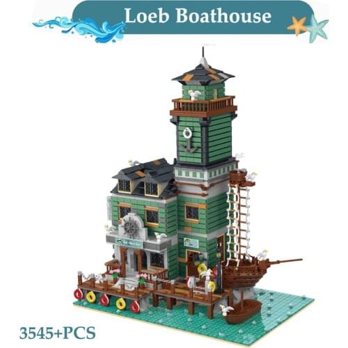 MOC Fisherman Series Loeb Boathouse Boat House Diner Building Blocks Creator Lighthouse DIY Figures Bricks Toys For Kids Adult