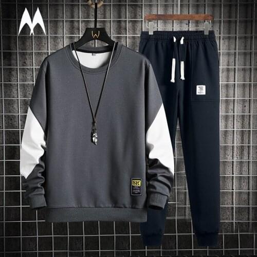 Autumn Mens Patchwork Sets 2 Piece Long Sleeve Sportswear Fashion O-Neck Tracksuit Men Casual Jogger Sweat Suits Streetwear