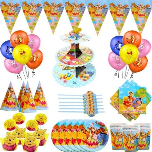 Kid Favor Birthday party supplies Disney Winnie Pooh theme set Baby birthday dress set supplies paper cups dish straw tablecloth