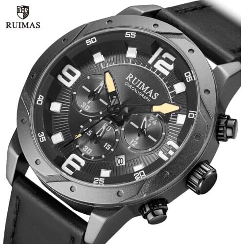RUIMAS Mens Chronograph Watches Luxury Top Brand Waterproof Watch Man Black Leather Quartz Wristwatch Male Army Relogios 595