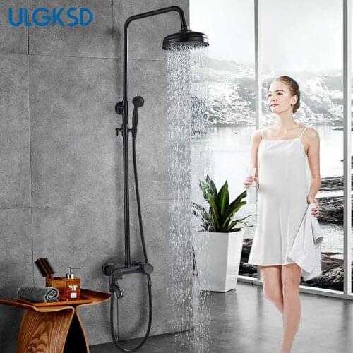 ULGKSD Black Shower Faucets Set 8" Brass Rainfall Shower Head Tub Spout Bath Shower Wall Mounted Black Copper Tub Spout Shower