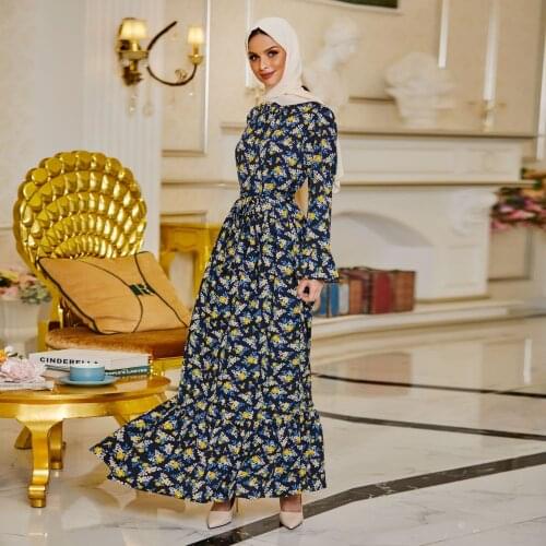 2021New plus size print dress, ankle-length print dress with micro flared sleeves Slim Casual Muslim Fashion Women Skirt