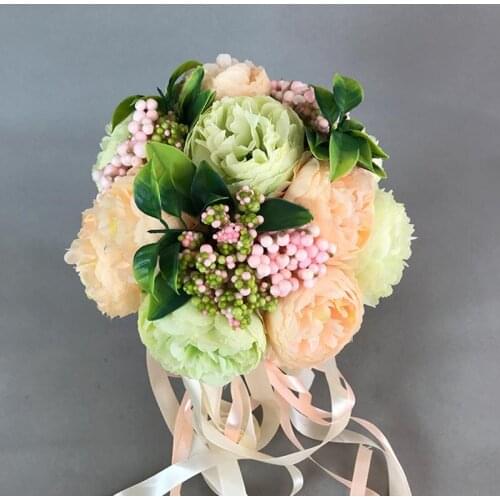 New Pink Champagne Wedding Bouquet Handmade Artificial Flower Rose Buque Home Bridal Bouquet for Wedding Decorations PH081