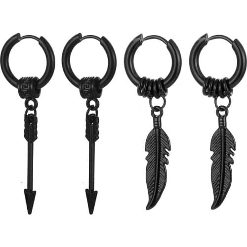 Feather Earrings for Men Women Stainless Steel Hip Hop Punk Kpop Gothic Black Arrow Drape Dangle Dangly Earrings Teen Boy Trend