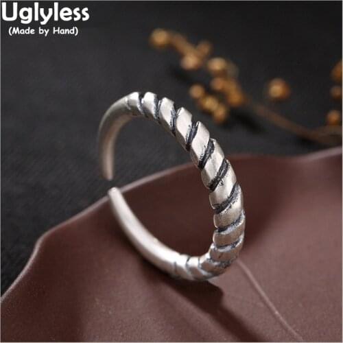 Uglyless Real S 990 Silver Fine Jewelry Simple Fashion Twisted Finger Rings Women Vintage Weave Open Ring Handmade Ethnic Bijoux