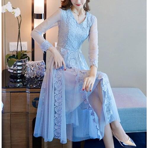 Spring New Womens Lace Dress European Medium Long V-neck Hollow gauze Slim Plus size Fashion Sexy A-line Dresses Female Summer
