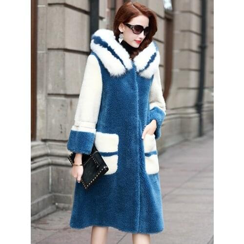 Sheep Shearing Overcoat Women Real Coat Warm Thicken Hood Long Parka Genuine Fox Fur Collar Female Wool Jacket Tops LX2584