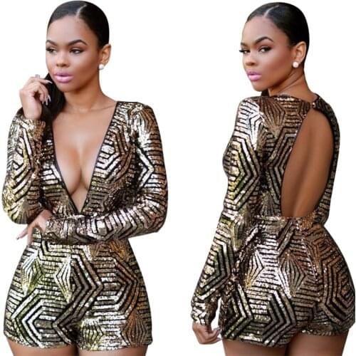Lady Sequin Short Sleeve Pants Bodycon Jumpsuit Romper Shorts High Waist V Neck Club Playsuit Sequined Playsuit