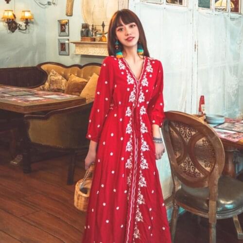 Summer new style womens bohemian travel vacation seaside beach mid-length dress retro ethnic embroidered V-neck slim dress