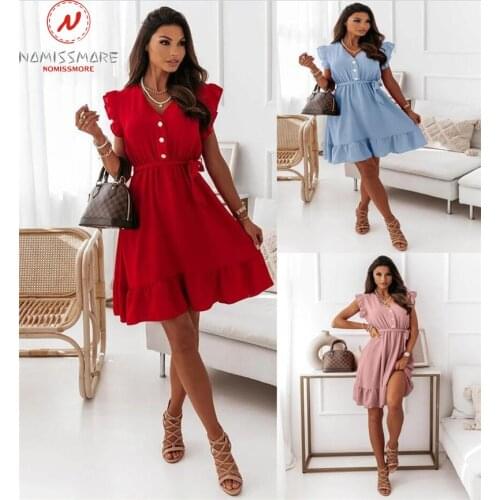 Women Summer Solid Color A-Line Dress Single-Breasted Design Bandage Ruffles Decor V-Neck Butterfly Sleeve High Waist Slim Dress