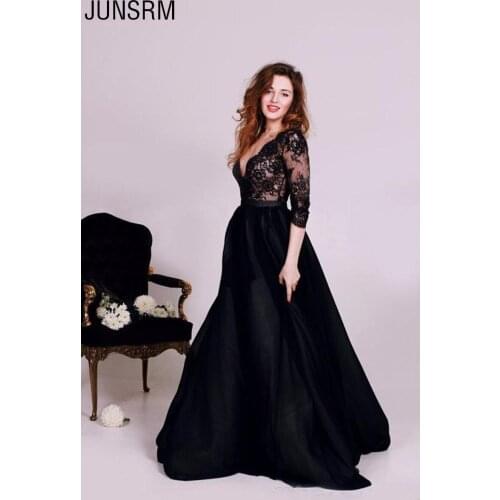 2019 Black Lace A Line Wedding Dresses Sexy Deep V Neck 3/4 Long Sleeve Satin Sweep Train Bridal Gowns Special Occasion Dress