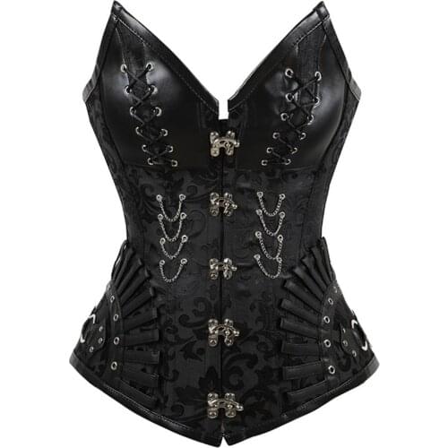 Gothic Faux Leather 14 Spiral Steel Boned Classic Overbust Corset Tops Bustier Punk Rock Outfits Halloween Costume for Women
