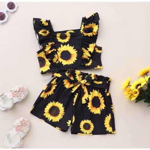 Toddler Girl Cothes Baby Clothes Set 2 Pcs Sunflower Print Sleeveless Tops+short Pants Boho Cool Children Sets Kids Clothes 0-6Y