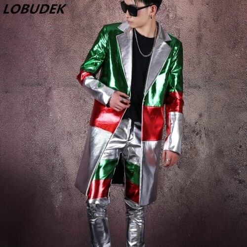 Fashion Punk Male Singer Stars Concert Costume Silver Mens Splicing Color Suits PU Leather Long Blazers Pants 2-Pieces Set