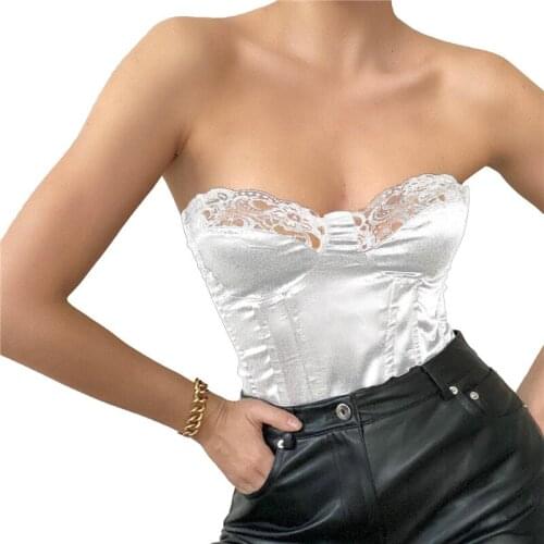 Fashion Off Shoulder Strapless Slip Lace Crop Tops Women Summer Corset Back Zip Satin Silk Women Sexy Crop Tops