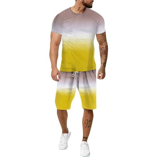 64# Mens T-shirts Shorts Clothes Summer Leisure Sports 3d Gradient Color Outdoor Running Two-piece Breathable Suit Mens Suit