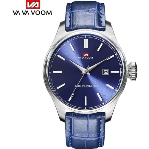 VA VA VOOM 2093 Mens Casual Business Slub Pattern Belt Quartz Watch Sun Pattern Blue Surface Calendar Waterproof Watches Male