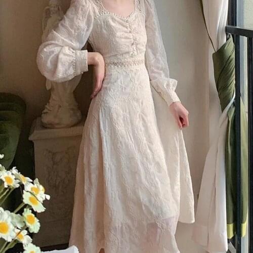 2021 Fall Dress Womens Square Collar Regular Sleeves Beaded Lace Mid-length Dress Thin Pure Color Dress Women