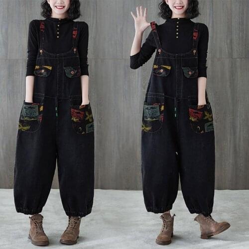 Print Straight Denim Bib Women 2021 Korean Pants Jeans Loose Wide-leg Nine-point Overalls Jumpsuit Trousers Streetwear