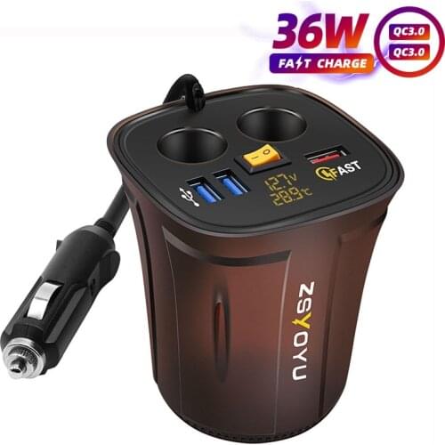 Cup Holder Cigarette Lighter Voltmeter 12V USB Socket Charger Display Temperature 12V Charger Voltage QC3.0 USB Car Fast Charger