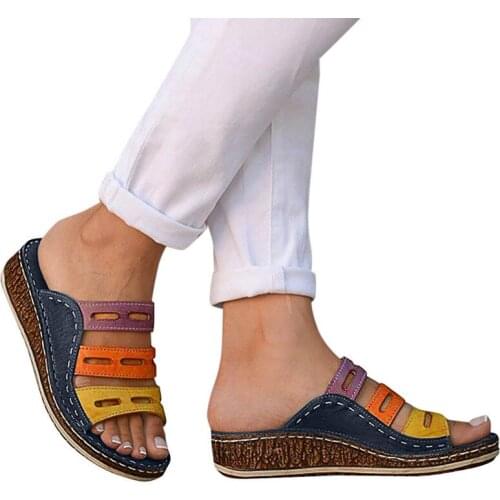 Women Slippers Retro Ladies Wedges Shoes Sewing Thick Platform Casual Woman Slides Comfort Summer Female Shoes 2021