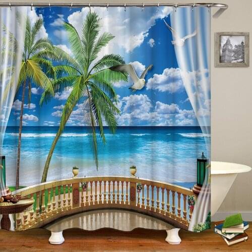 3d Waterproof Fabric Bathroom Curtains Beach Sea Sunny Scenery Shower Curtains Printed Arch With Hooks Decoration Bath Screen