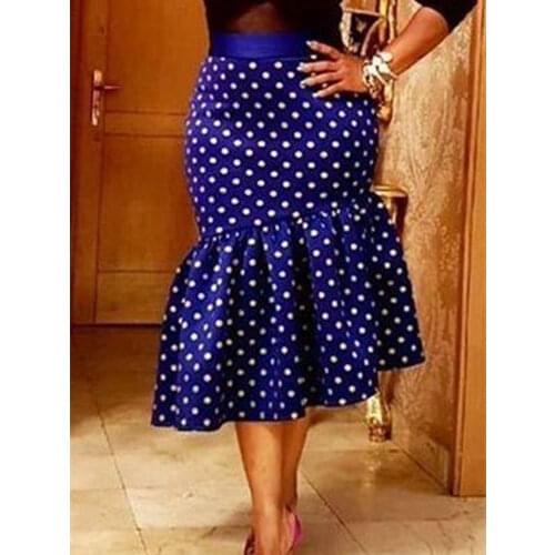 Women Print Skirt Polka Dot High Waist Vintage Ruffles Office Ladies Elegant Classy Plus Size African Summer Package Hip Jupes