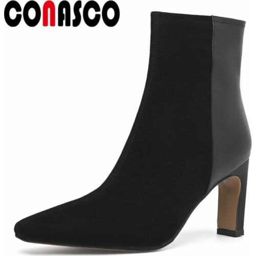 CONASCO Sexy Women Ankle Boots Autumn Winter Warm Cow Leather Night Club Wedding Prom Elagant Boots High Heels Shoes Woman