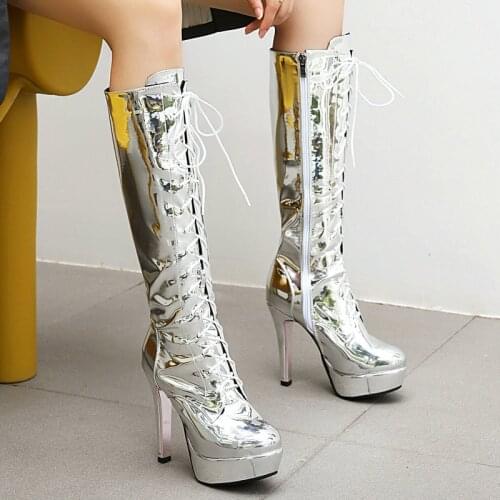 Lady Mirror Leather Knee High Boots Fashion Zebra Pattern Thick High Heel Boots Female Autumn Winter Zipper Lace Up Women Shoes