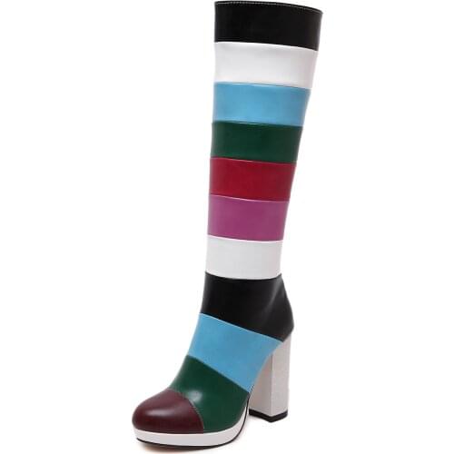 Thick High Heels Women Autumn Winter Knight Boots Rainbow Colorful Lady Knee High Long Boots 2020 New Arrival Fashion High Boots