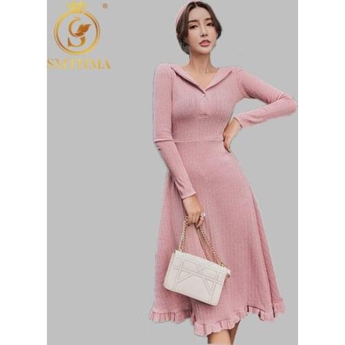 SMTHMA V Neck Long Sleeve Elegant Sweater Dress Women Casual Warm Ruffle Knitted Dress Winter