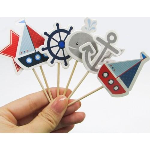 24pcs/lot Navigator Cupcake Toppers Rudder Anchor Sailboat Cake Decorating Supply Birthday Party Supplies Dessert Decor Picks