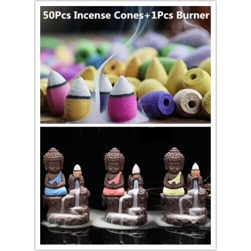 50Pc Incense Cones + Burner Creative Home Decor The Little Monk Small Buddha Censer Backflow Incense Burner Use In Home Teahouse