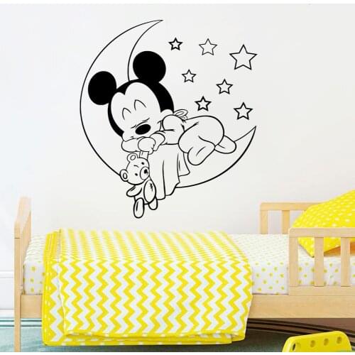 Disney Mickey Mouse Moon Stars Vinyl Wall Sticker Good Sleeping For Kids Baby Room Nursery Bedroom Accessories Wall Mural 0306