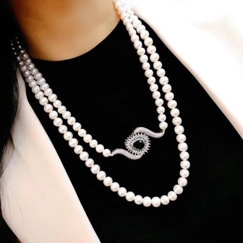 47" 7-8mm Cultured Round White Pearl cz White Pearl Pendant Long Necklace
