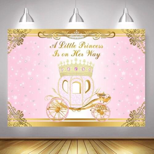 Princess Baby Shower Backdrop for Photography Royal Pink Carriage Newborn Girl Background Crown Red Gem One Birthday Backdrops