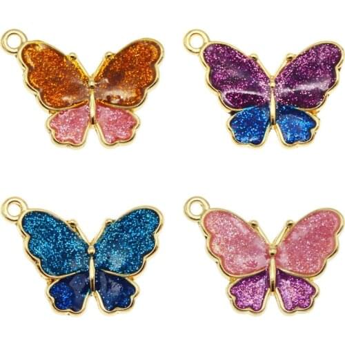 Julie Wang 4PCS Enamel Butterfly Charms Mixed Colors Alloy Gold Tone Sequined Insect Pendant Bracelet Jewelry Making Accessory