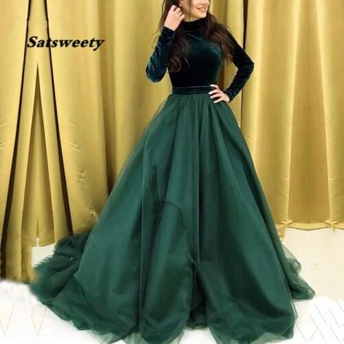 Muslim Evening Dress High Neck Long Sleeve Velvet Top A-Line Long Formal Dubai Arabic Kaftan Prom Party Dress 2021 Gowns
