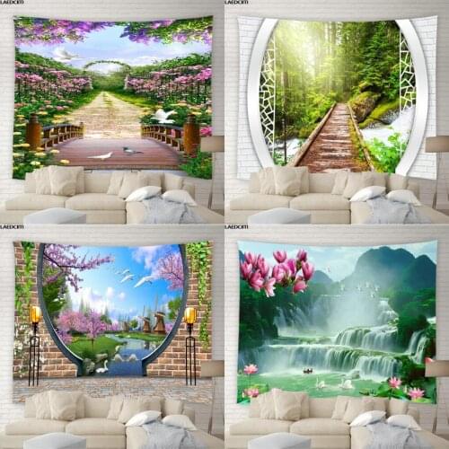 Natural Landscape Tapestry Waterfall Forest Green Plants Flowers Vines Garden Scenery Wall Hanging Chinese Bedroom Home Decor