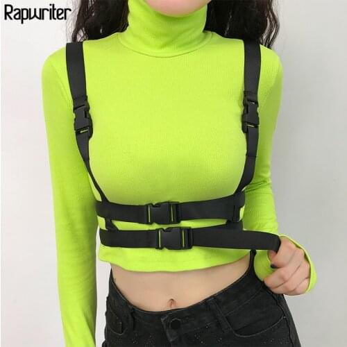 Rapwriter Casual Turtleneck Long Sleeve Stretch Neon Green T-Shirt Women 2020 Patchwork Buckle Belt Harajuku Crop Tops Femmme
