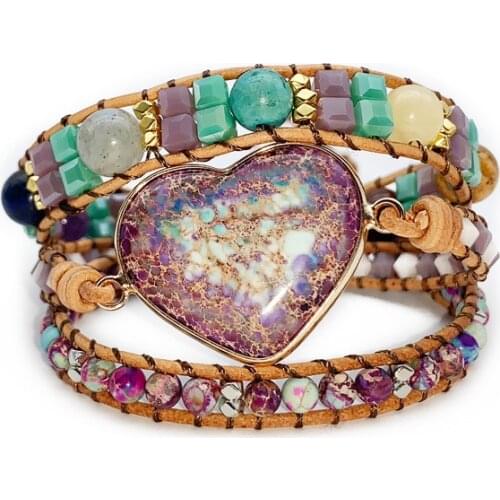 Romantic Spiritual Chakra Leather Wrap Bracelets Mix Stone Heart Shape 3 Strands Bracelet Classic Jewelry Love Bracelet
