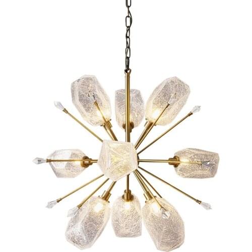 Luxury Full Copper Chandeliers Contemporary Fashion Home Lighting Decoration Creative Cracked Glass Crystal Pendant Lamp G9 Bulb