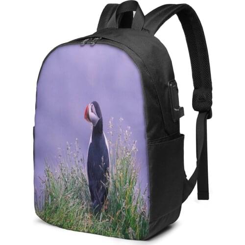 Teenage Backpack for School Boy Girl Puffin Bird Grass School Bag USB Charging Bookbag