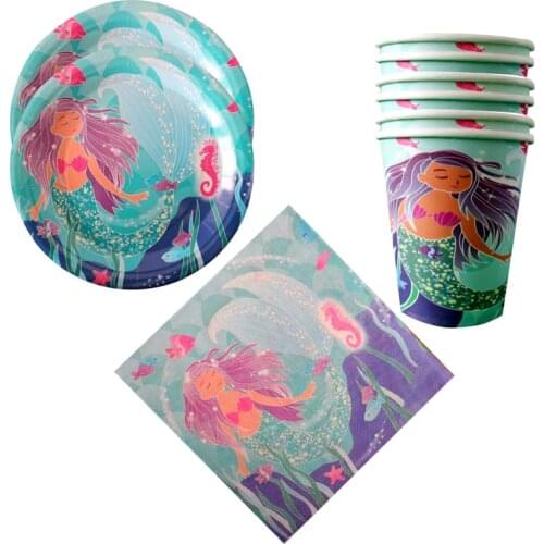 Happy Birthday Party Mermaid Theme Plates Kids Girls Favors Cups Napkins Baby Shower Decorate Towel Dishes 60pcs/lot