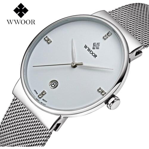 WWOOR 2020 Luxury Diamond Wrist Watches Mens Fashion Ultra-thin Steel Mesh Men Watch Business Quartz Date Clock Waterproof reloj