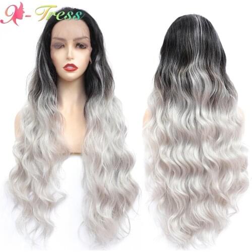 X-TRESS Synthetic Lace Front Wigs 32 Inch Ombre White Blonde Body Wavy Long Wig for Black Women Dark Roots Free Part Lace Wig