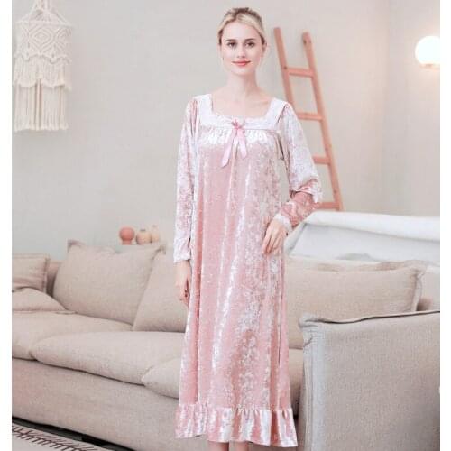 Ladies Spring Autumn Winter Long Sleeved Nightgown Single Side Flannel Long Korean Noble Luxury Princess Nightdress Home Clothes
