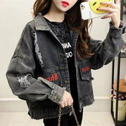 2021 Womens Jacket Embroidery Hole Denim Female Korean Fashion Loose Short Student Spring Autumn Long Sleeve Top Veste En Jean