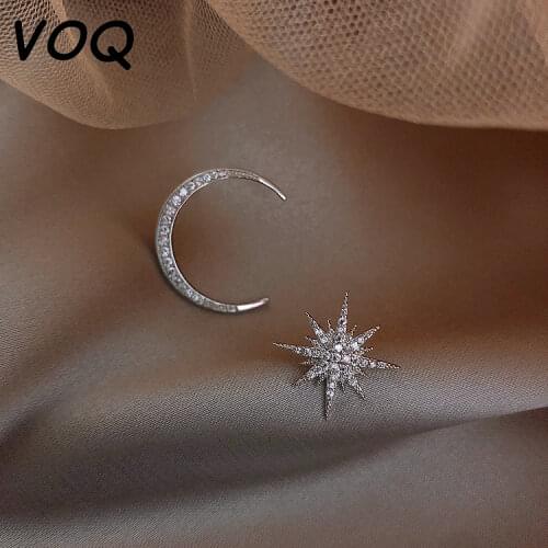 VOQ 925 Sterling Silver Newest Shiny Star Moon Asymmetric Stud Earring for Lady Party Jewelry Clothing Accessories