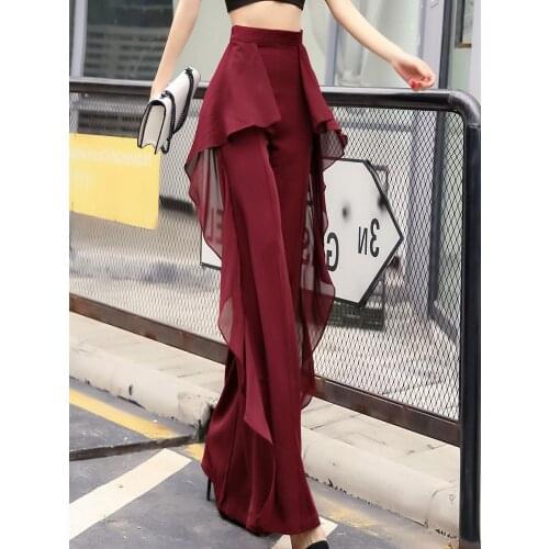 Women Korean Fashion New Streetwear Pants Loose High Waist Chiffon Trousers Casual Irregular Wide Leg Flared Pantalon Femme Ropa